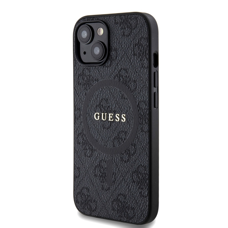 Guess PU bőr 4G színes gyűrűs MagSafe hátlap iPhone 15-hez Fekete