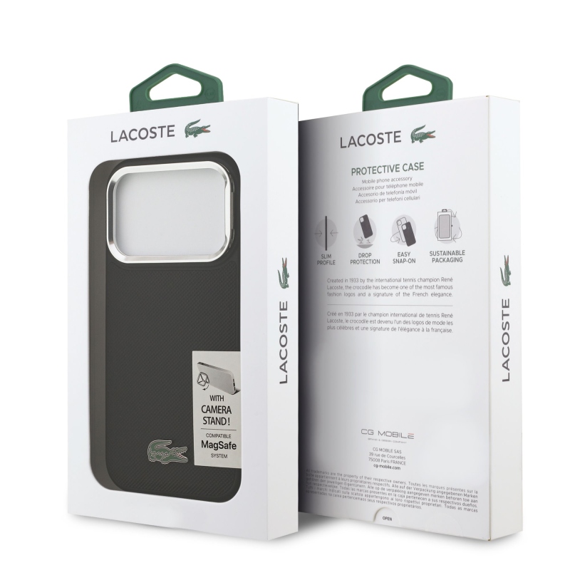 Lacoste Iconic Petit Pique kameraállvány MagSafe hátlapi borító iPhone 17 Pro-hoz Fekete