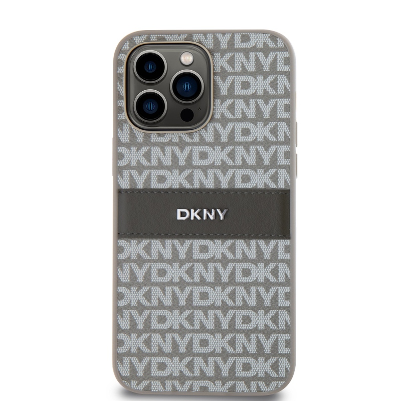 DKNY PU bőr ismétlődő mintás tonális csíkos hátlapi borító iPhone 14 Pro bézs színűhöz