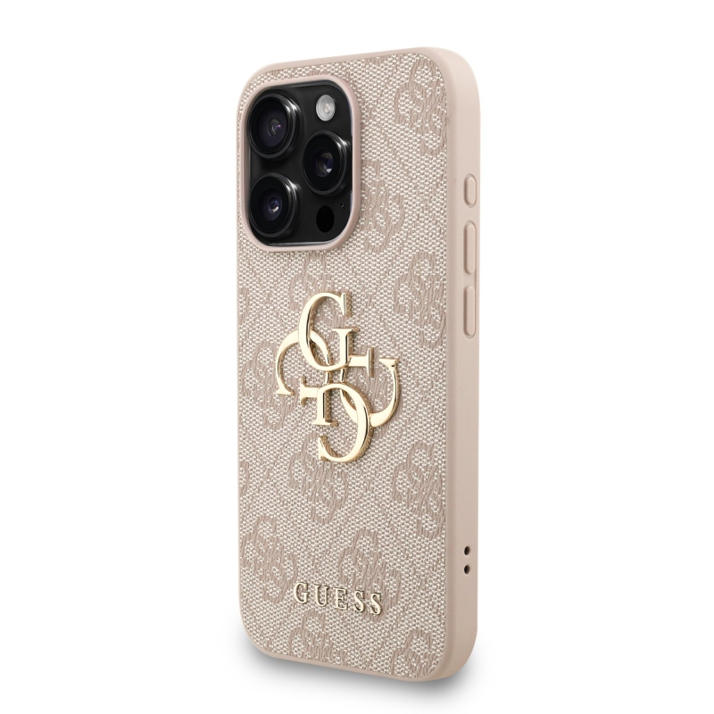 Guess PU 4G fém logós fém pánt hátlap iPhone 15 Pro Max rózsaszínű borítóhoz