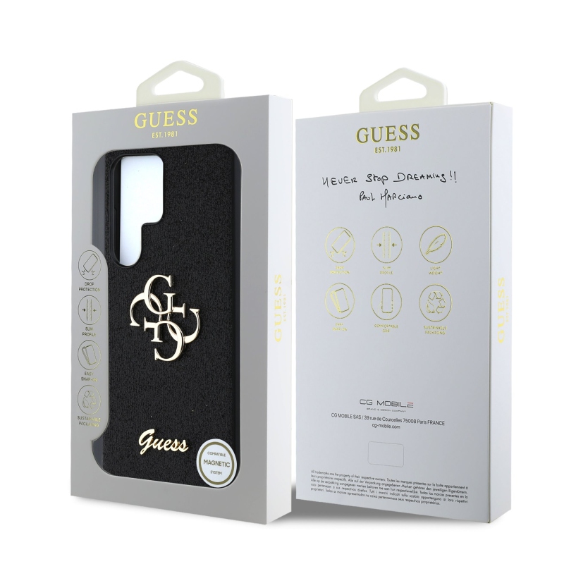 Guess PU Fixed Glitter 4G Metal Logo hátlap Samsung Galaxy S25 Ultra fekete