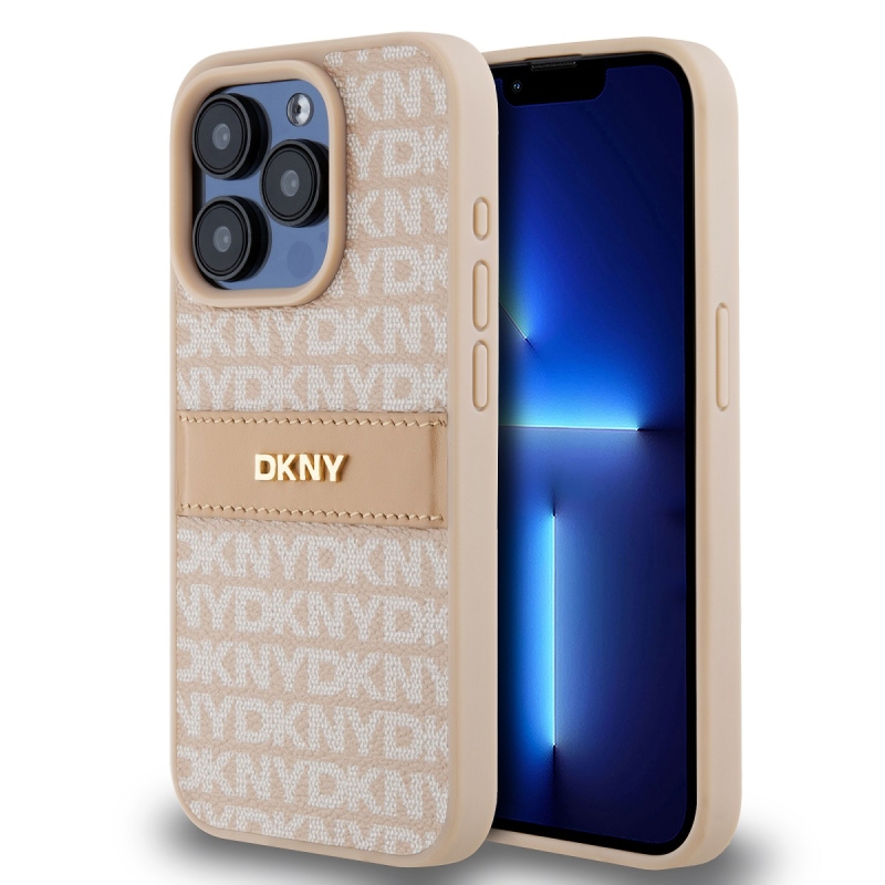 DKNY PU bőr ismétlődő mintás tonális csíkos hátlapi borító iPhone 14 Pro rózsaszínhez
