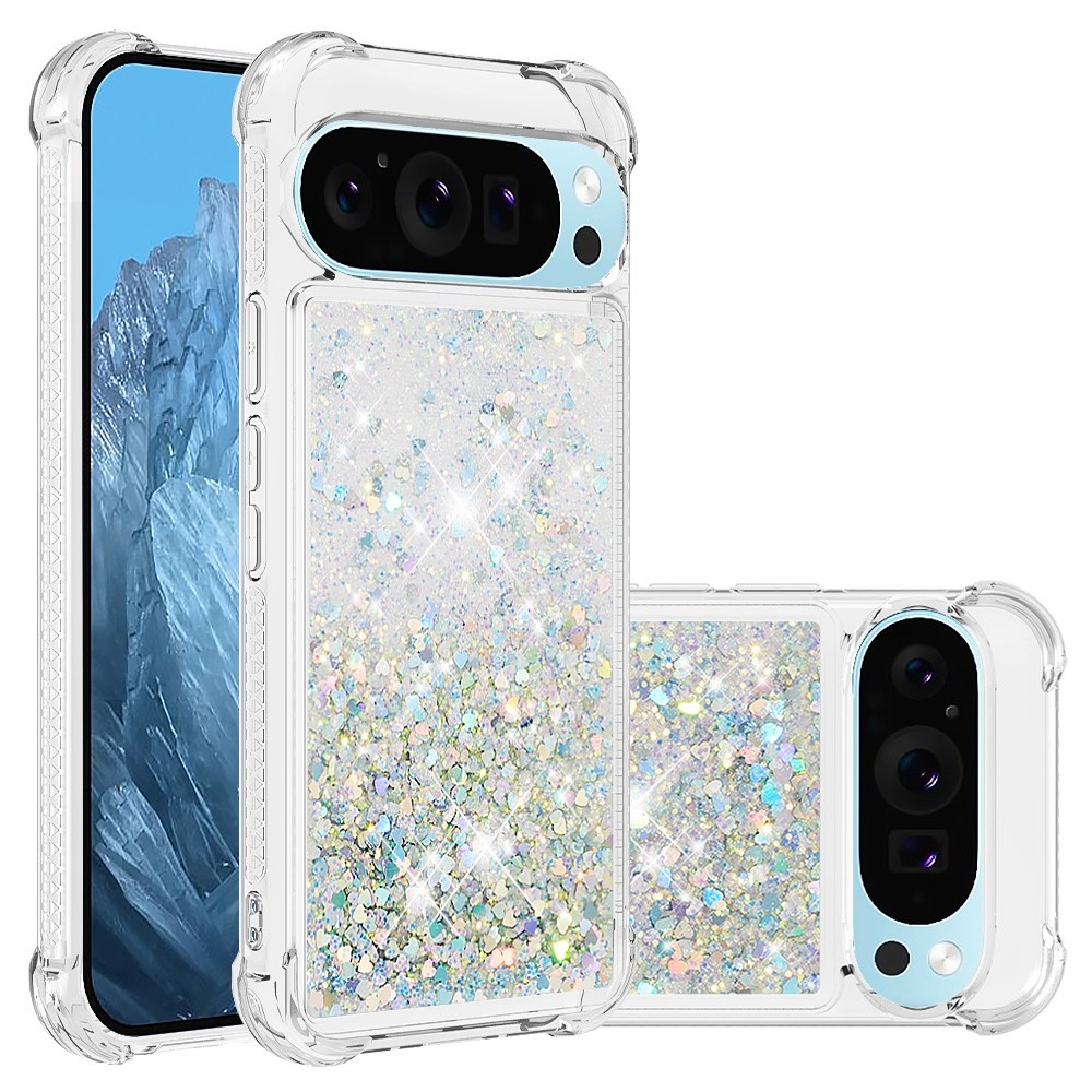 Csillogó homokóra zselés tok Google Pixel 10 Pro/Pixel 10 készülékhez - ezüst/szív