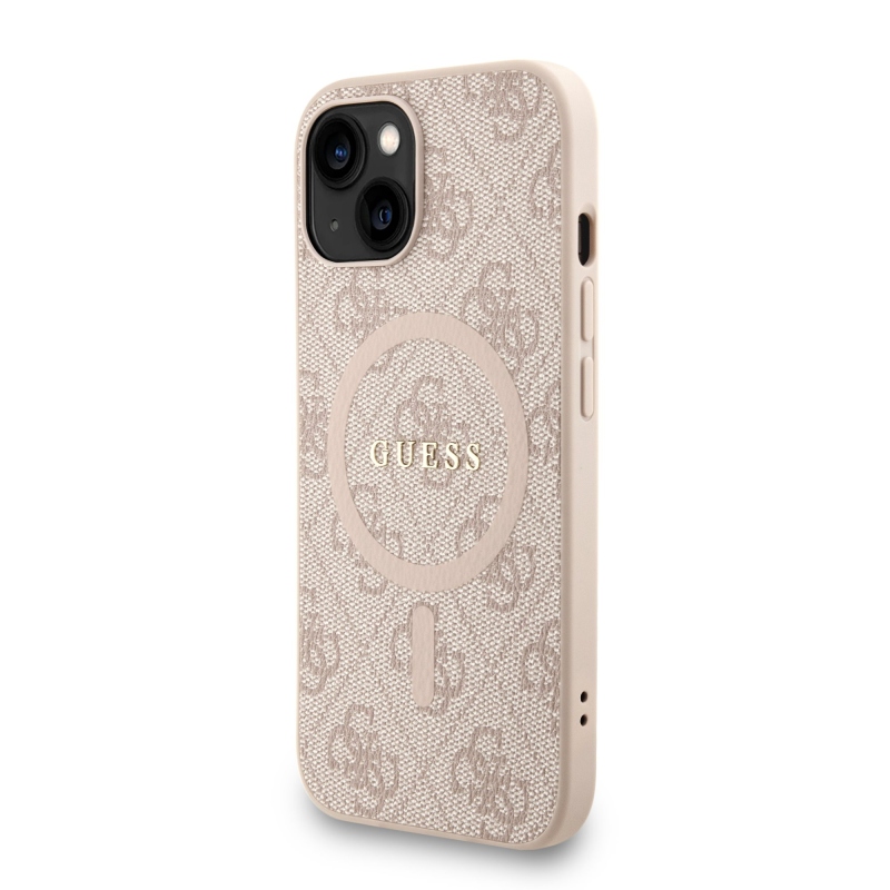 Guess PU bőr 4G színes gyűrűs pánt MagSafe hátsó borító iPhone 15 rózsaszínhez