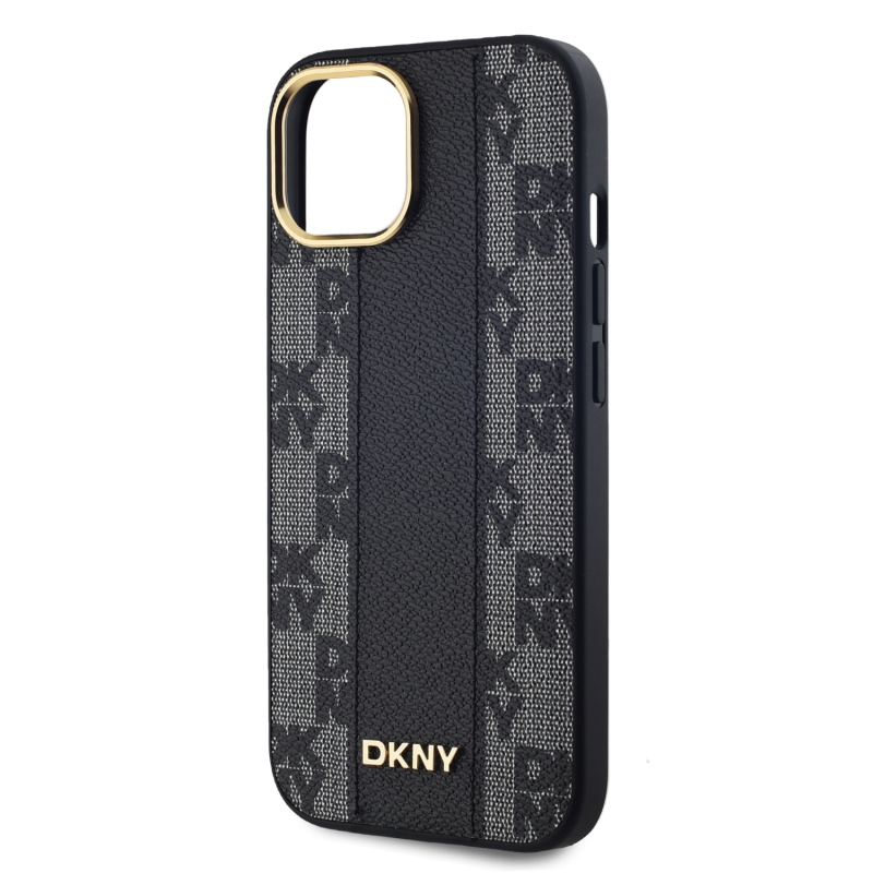 DKNY PU bőr kockás mintás Magsafe hátlap iPhone 15-hez Fekete
