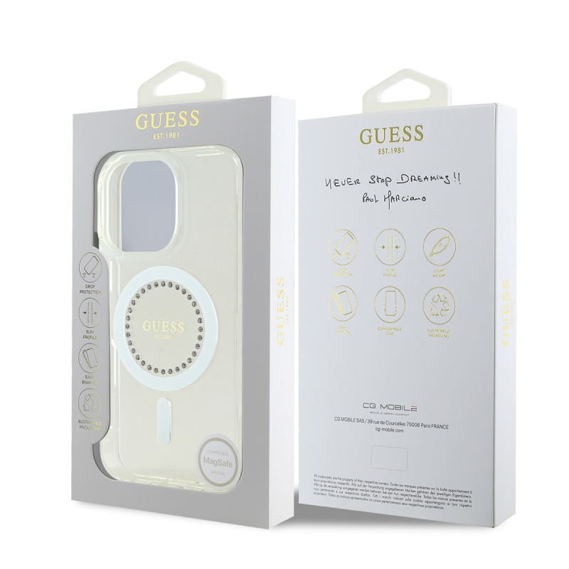 Guess IML strasszos gyűrűs MagSafe hátlap iPhone 16 Pro fehérhez