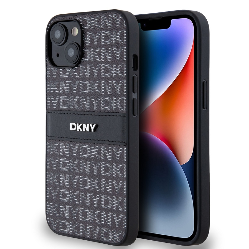 DKNY PU bőr ismétlődő mintás tonális csíkos hátlapi borító iPhone 14-hez Fekete
