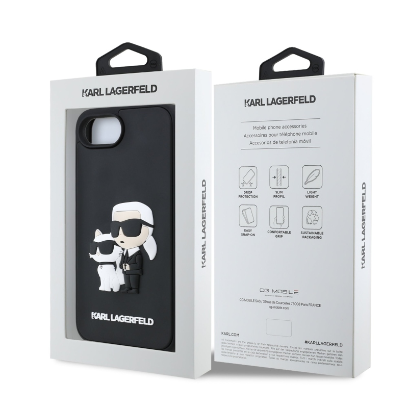 Karl Lagerfeld 3D gumiból készült Karl és Choupette hátlap iPhone 16e készülékhez Fekete