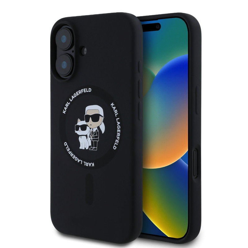 Karl Lagerfeld Folyékony szilikon Karl és Choupette MagSafe hátlap iPhone 16-hoz Fekete