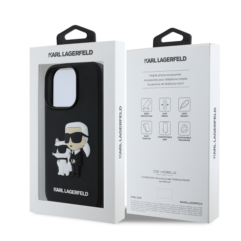 Karl Lagerfeld 3D gumiból készült Karl és Choupette hátlap iPhone 16 Pro Max készülékhez Fekete