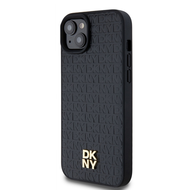 DKNY PU bőr Ismétlődő mintás Stack Logo Magsafe hátlap iPhone 13-hoz Fekete