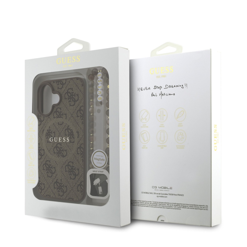Guess PU bőr 4G színes gyűrűs pánt MagSafe hátlap iPhone 16-hoz Barna barna