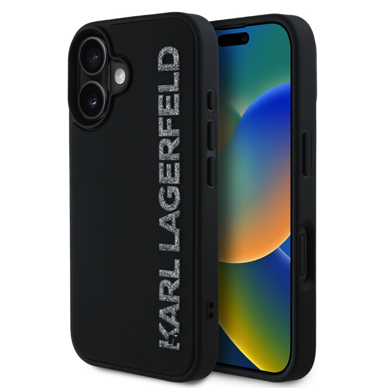 Karl Lagerfeld 3D gumiból készült csillogó logós hátlap iPhone 16-hoz Fekete