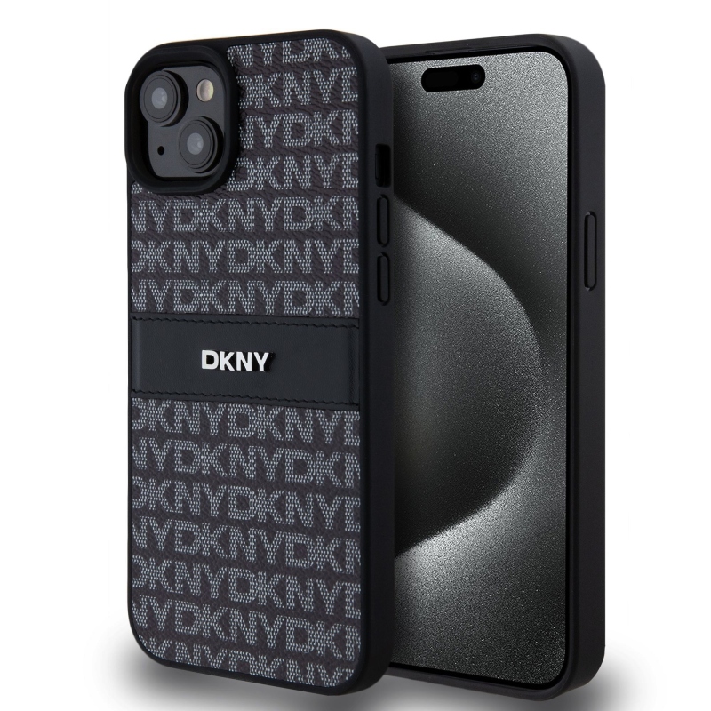 DKNY PU bőr ismétlődő mintás tonális csíkos hátlap iPhone 15 Plus-hoz Fekete