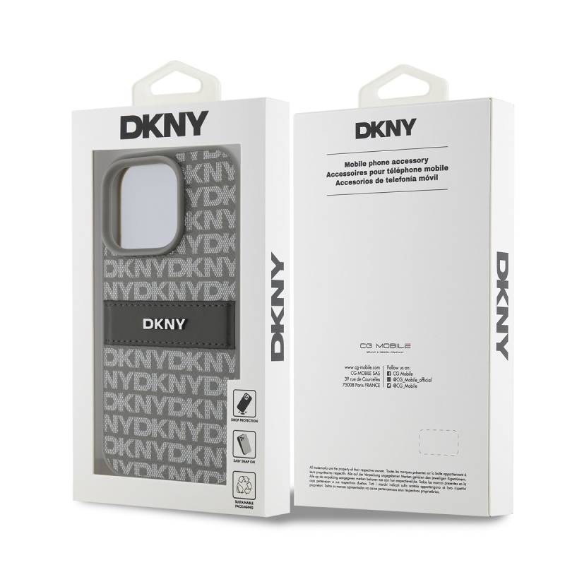 DKNY PU bőr ismétlődő mintás tonális csíkos hátlap iPhone 16 Pro Max bézs színű borítóhoz