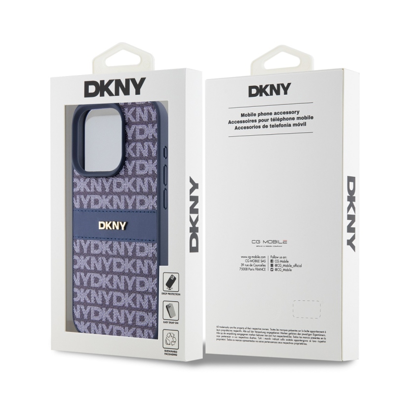 DKNY PU bőr ismétlődő mintás tonális csíkos hátlapi borító iPhone 14 Pro kékhez
