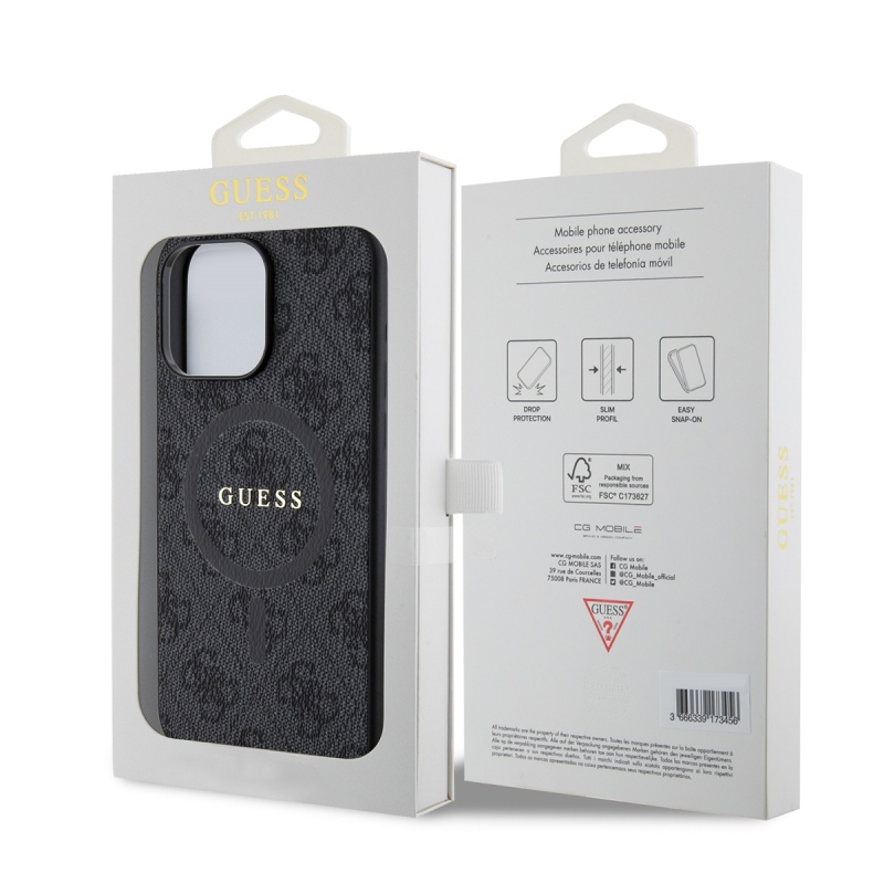 Guess PU bőr 4G színes gyűrűs MagSafe hátlap iPhone 15 Pro Max-hoz Fekete