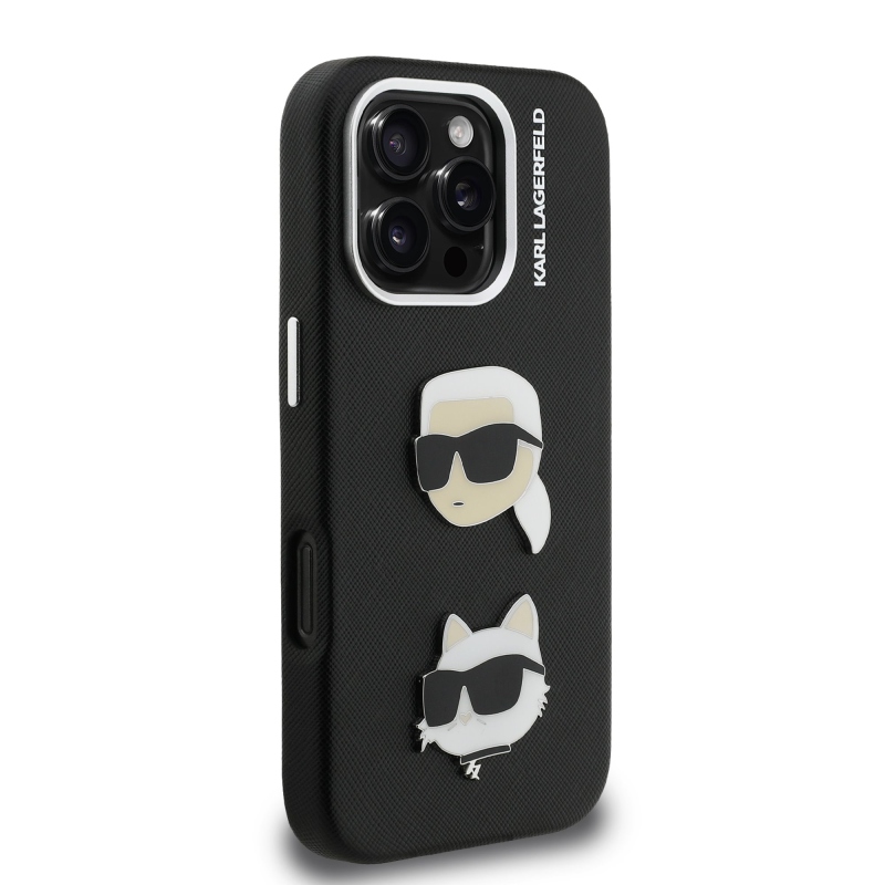 Karl Lagerfeld szemcsés PU K&CH Heads hátlap iPhone 16 Pro Max-hoz Fekete