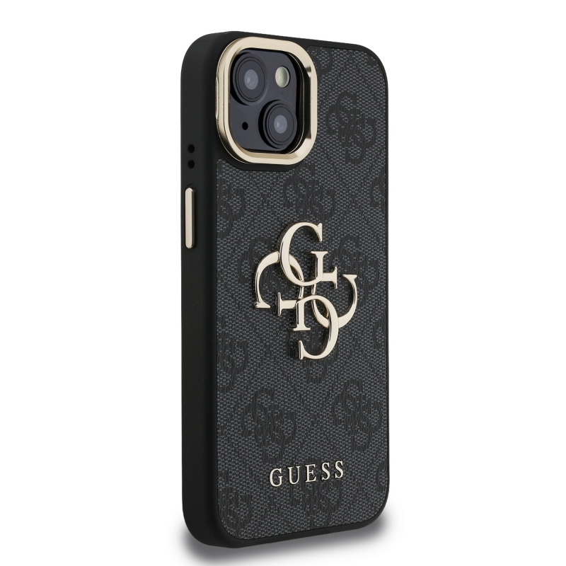 Guess PU 4G fém logó állvány kamera keret hátlapja iPhone 15 Fekete fekete