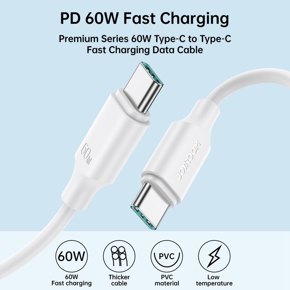 JOYROOM USB-C/USB-C 60W 1m-es gyors töltő- és adatkábel - fehér színben