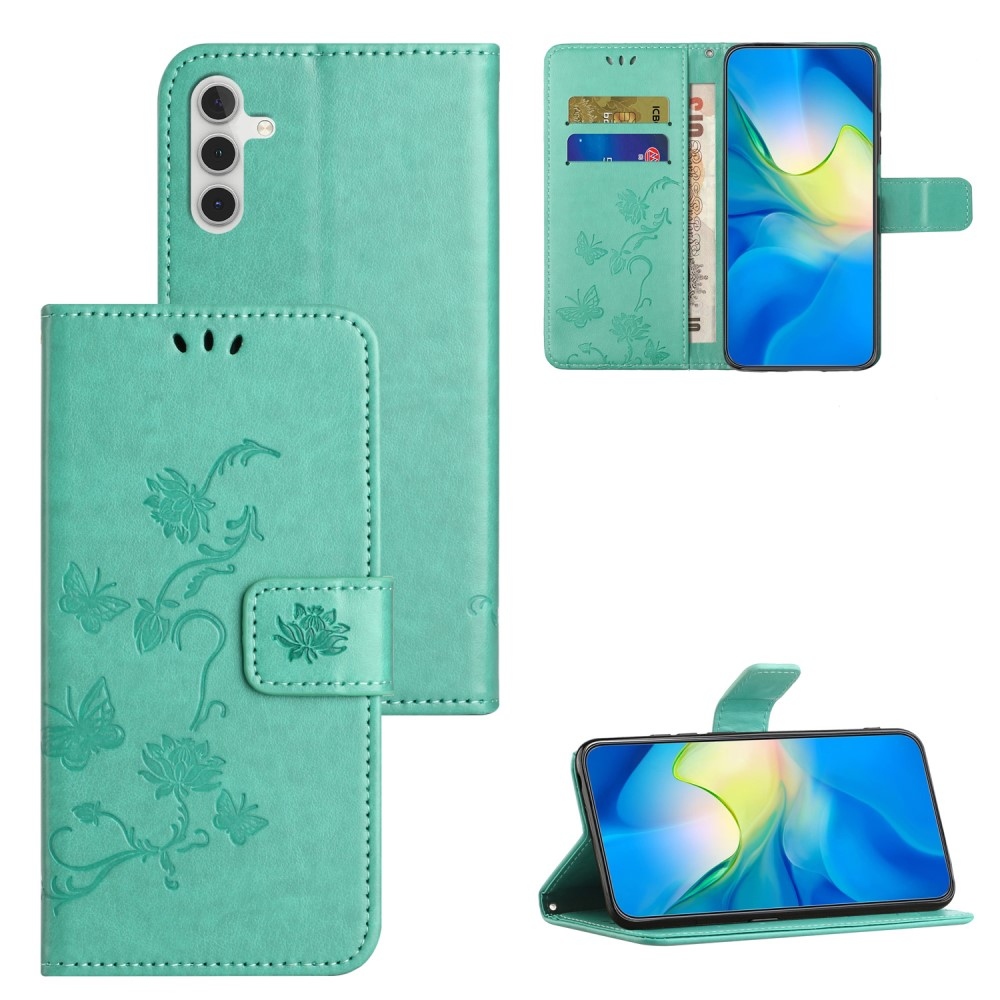 Virágos könyvtáska Samsung Galaxy A35 5G készülékhez - teal színű