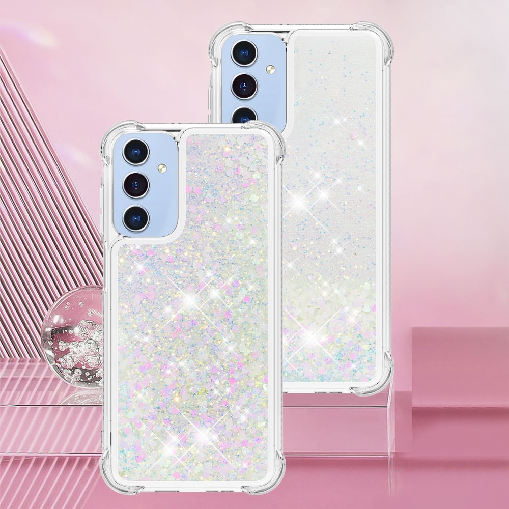 Csillogó homokóra zselés tok Samsung Galaxy A26 5G - rózsaszín és ezüst/szívecske