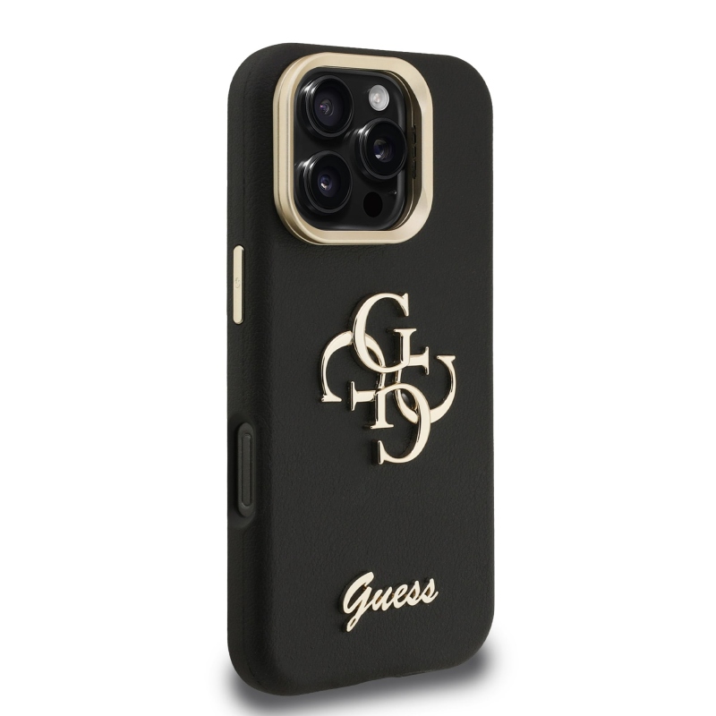Guess PU szemcsés 4G Logo Stand Kamera keret hátlapi borító iPhone 16 Pro Max-hoz fekete