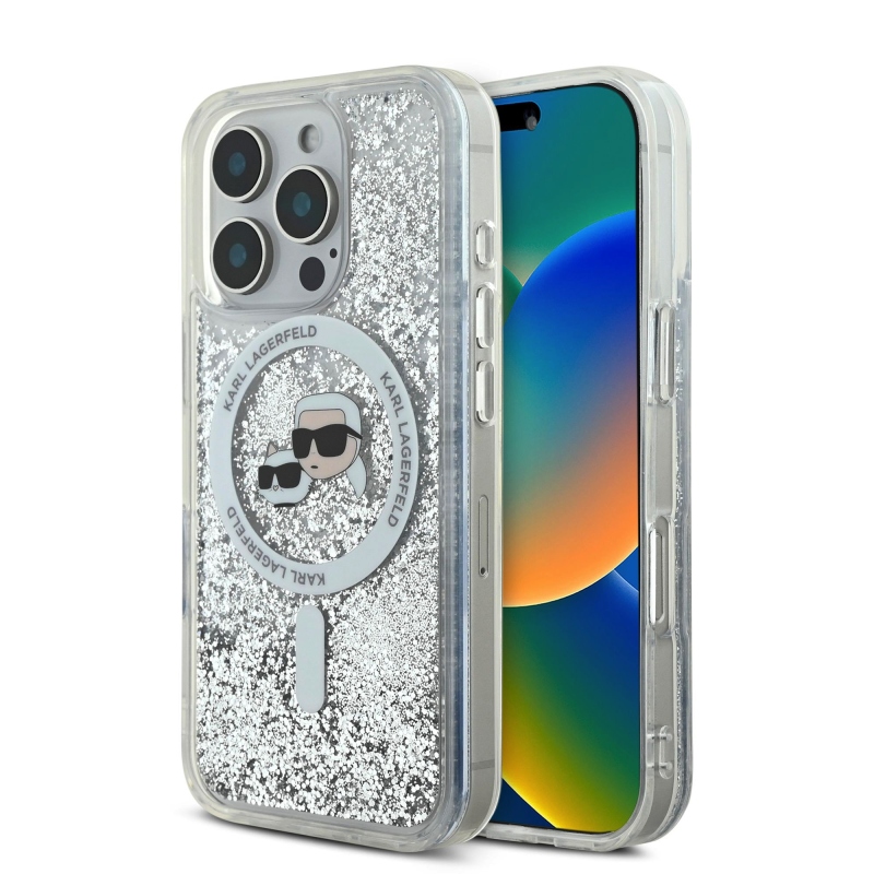 Karl Lagerfeld folyékony csillogó Karl és Choupette fejek MagSafe hátlap iPhone 16 Pro Max átlátszóhoz
