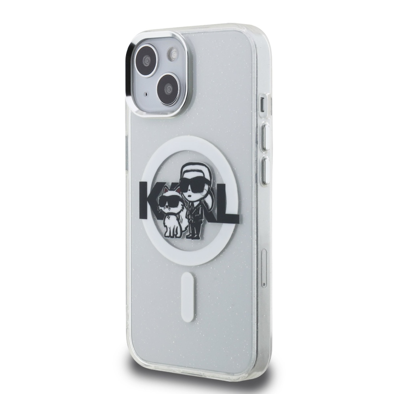 Karl Lagerfeld IML Glitter Karl és Choupette Sketch MagSafe hátlap iPhone 15-hez Átlátszó
