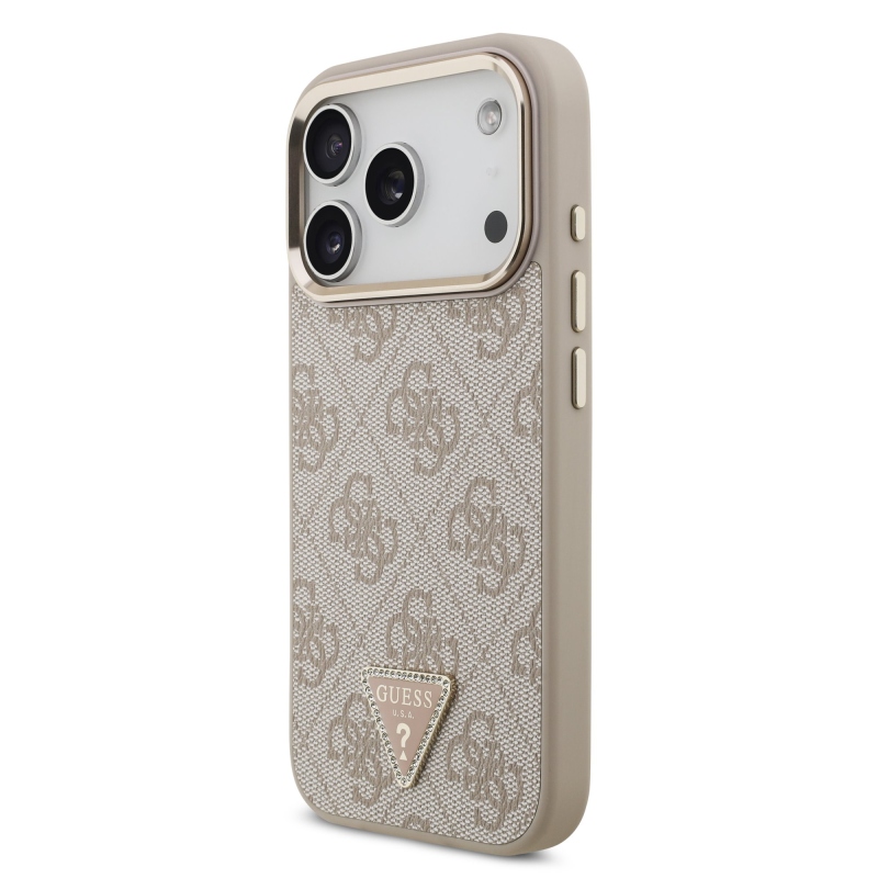 Guess PU bőr 4G Strass háromszög logó arany keret MagSafe hátlap iPhone 17 Pro rózsaszínű borítóhoz