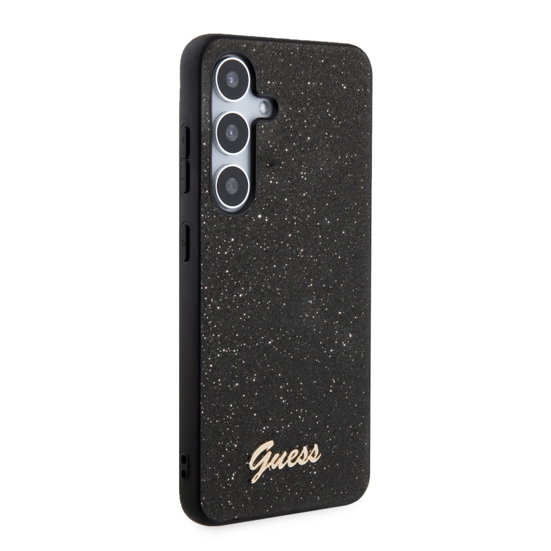 Guess PC/TPU Glitter Flakes fém logó hátlap Samsung Galaxy S24 fekete