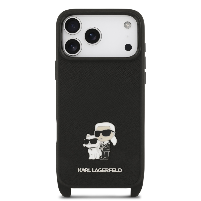 Karl Lagerfeld Saffiano Crossbody Strap Metal Karl és Choupette hátlapi borító iPhone 17 Pro Max-hoz Fekete