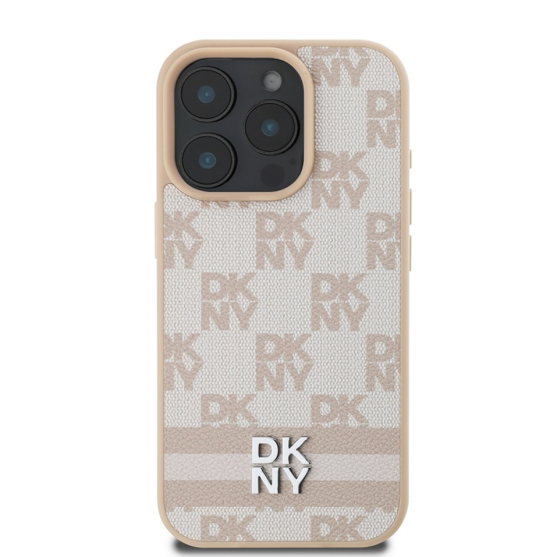 DKNY PU bőr kockás mintás és csíkos hátlapi borító iPhone 16 Pro Max rózsaszínhez