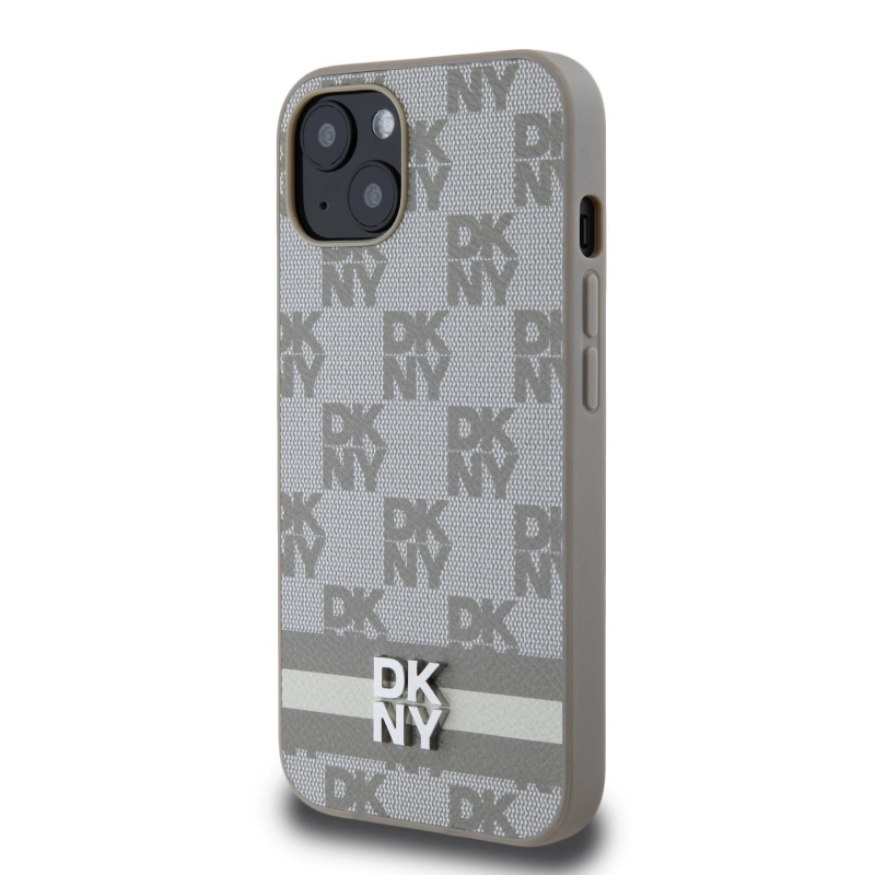 DKNY PU bőr kockás mintás és csíkos hátlapi borító iPhone 13 bézs színű készülékhez