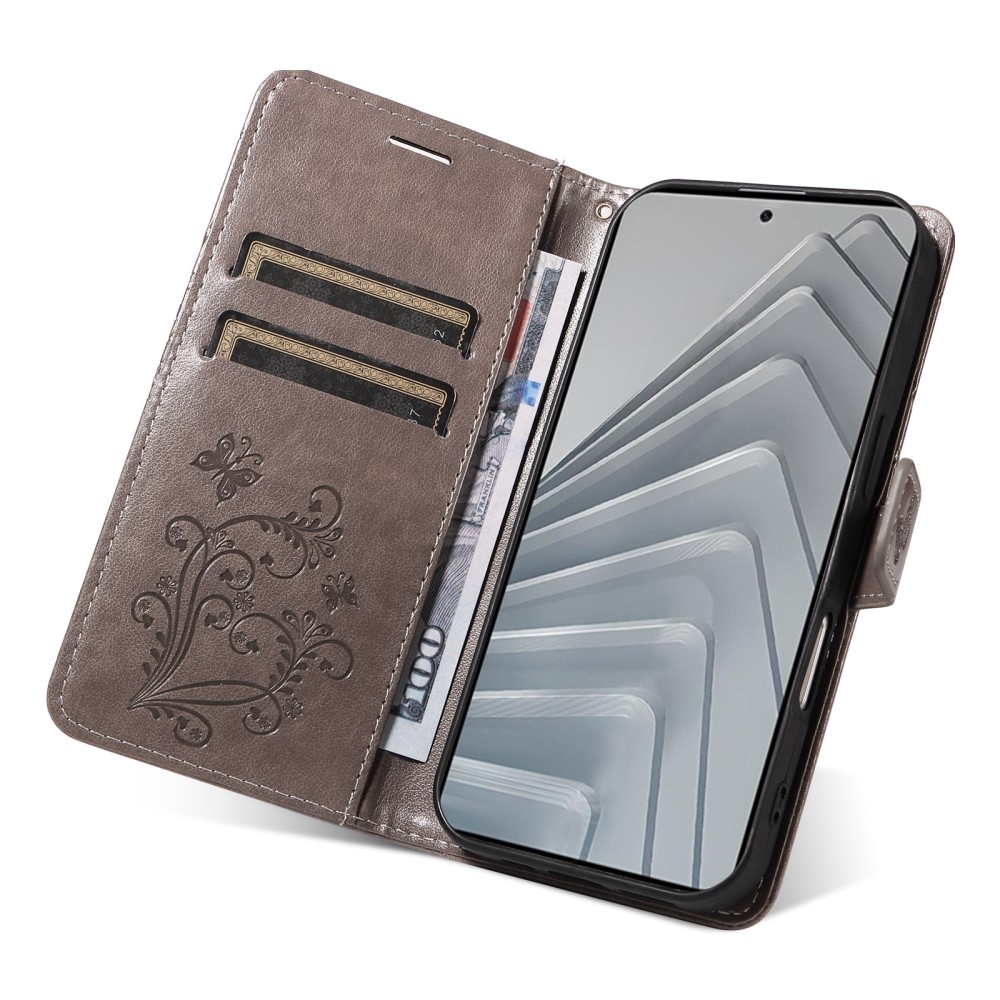 Nagy pillangó könyv tok Xiaomi Redmi Note 14-hez - szürke