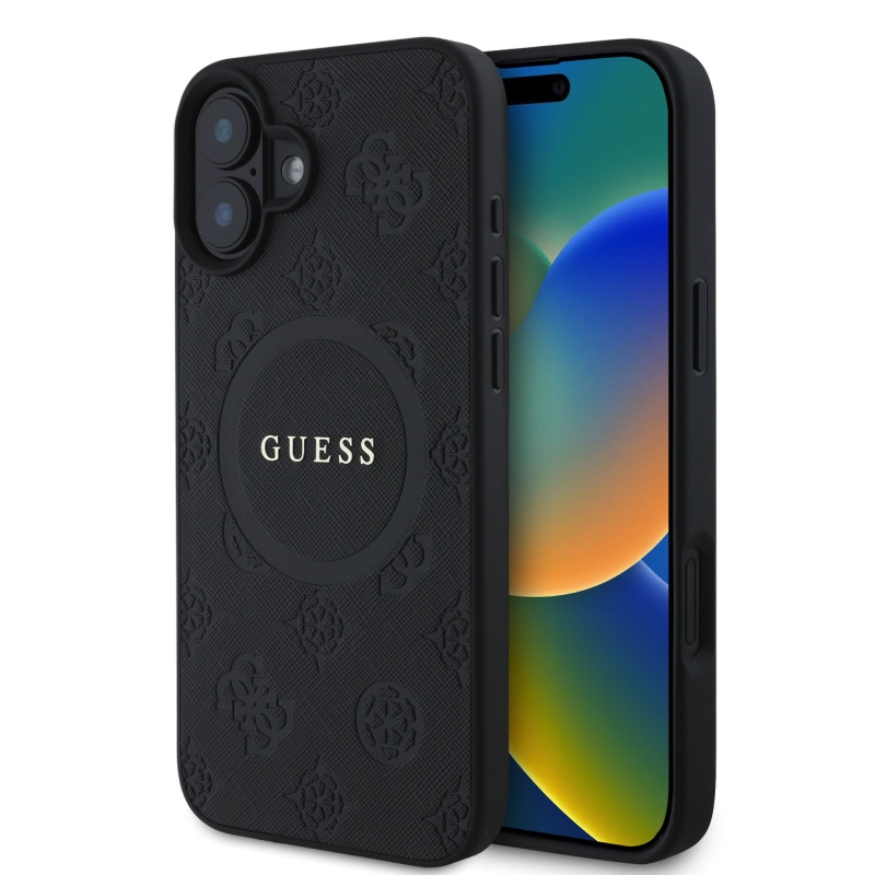 Guess Saffiano bazsarózsa bélyegző MagSafe hátlap iPhone 16-hoz Fekete