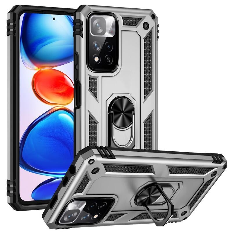 Gyűrűálló hibrid borítás ujjmarkolattal Xiaomi Redmi Note 11 Pro+ 5G - ezüst