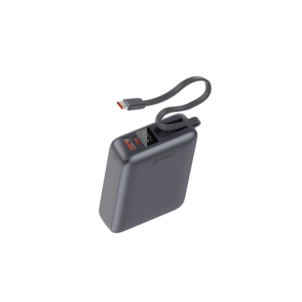 Swissten Powerbank beépített USB-C kábellel, 45W 20000 mAh - ezüst