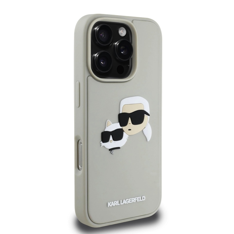 Karl Lagerfeld 3D gumiból készült duplafejű hátlap iPhone 16 Pro Max bézs színűre