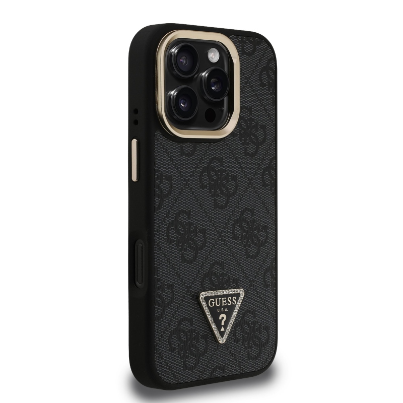 Guess PU 4G Strass háromszög logó állvány kamerakeret MagSafe hátlapi borító iPhone 16 Pro Max-hoz Fekete