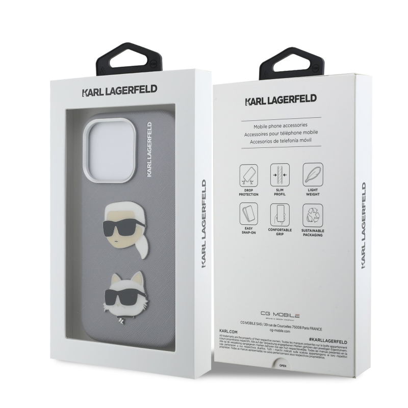 Karl Lagerfeld szemcsés PU K&CH Heads hátlap iPhone 16 Pro Max szürke számára