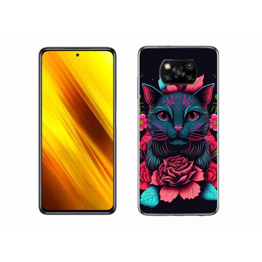 Gél borító mmCase a Xiaomi Poco X3 Pro számára - virágok és macska