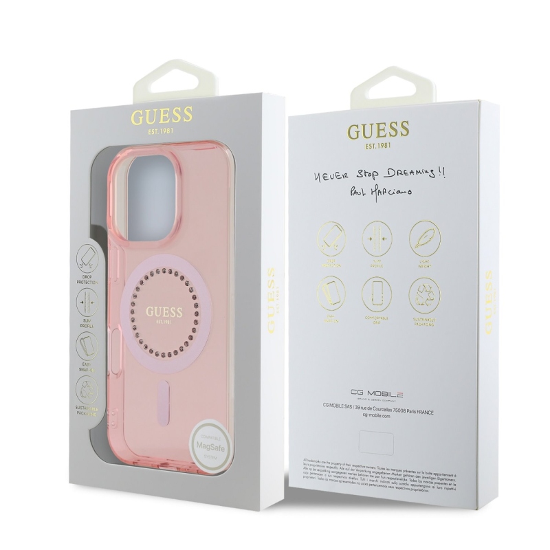 Guess IML strasszos gyűrű MagSafe hátlap iPhone 16 Pro rózsaszínű iPhone 16 Pro számára