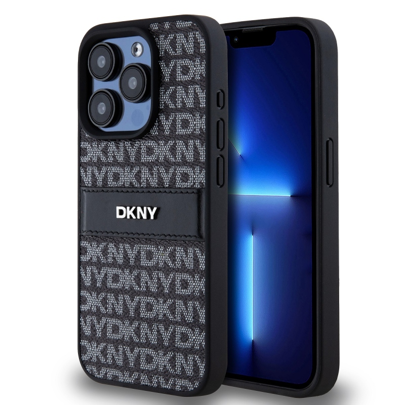 DKNY PU bőr ismétlődő mintás tonális csíkos hátlap iPhone 14 Pro Max-hoz Fekete