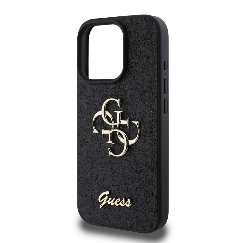Guess PU Fixed Glitter 4G fém logó hátlap iPhone 16 Pro Fekete
