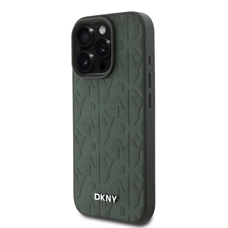 DKNY Magsafe PU bőr rácsmintás hátlap iPhone 16 Pro készülékhez, zöld