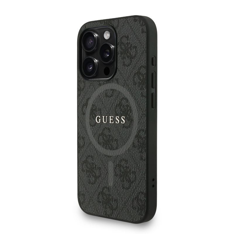 Guess PU bőr 4G színes gyűrűs pánt MagSafe hátsó borító iPhone 15 Pro Fekete