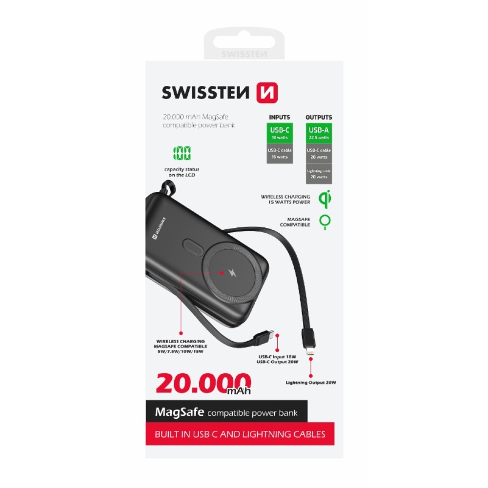 Swissten Powerbank PD 20000 mAh 20W integrált USB-C és villámkábellel (MagSafe kompatibilis)