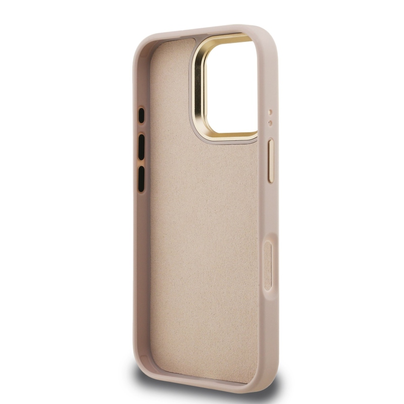 Guess PU 4G fém logó állvány kamera keret hátlapja iPhone 16 Pro Max rózsaszínhez