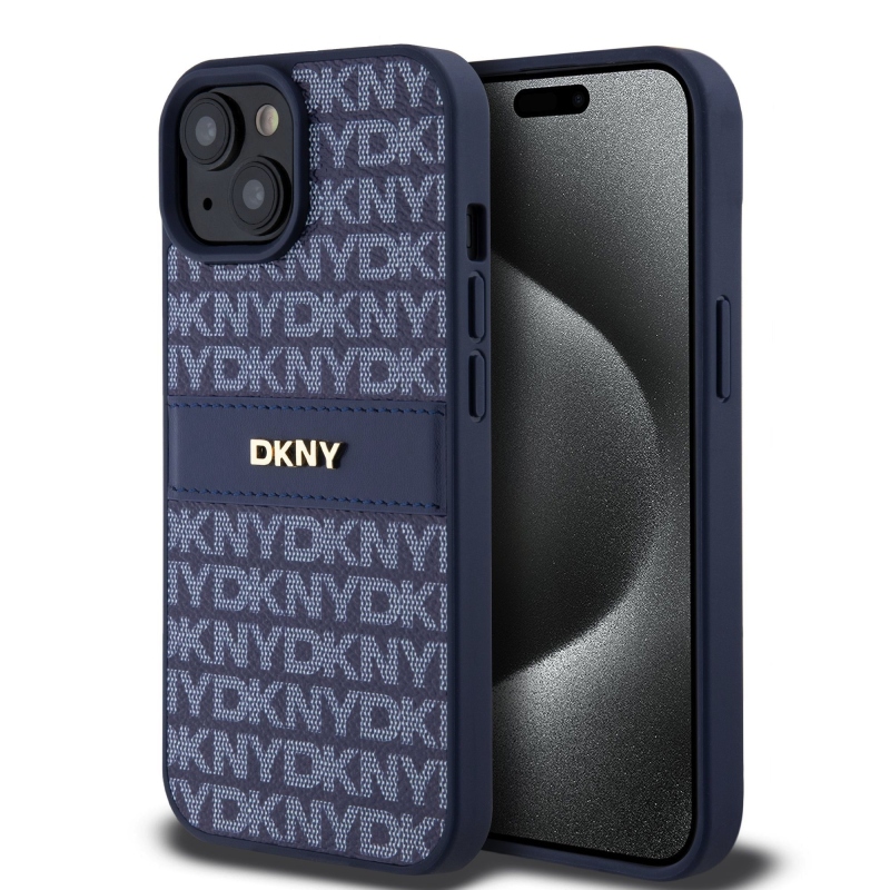 DKNY PU bőr ismétlődő mintás tonális csíkos hátlapi borító iPhone 15 kékhez